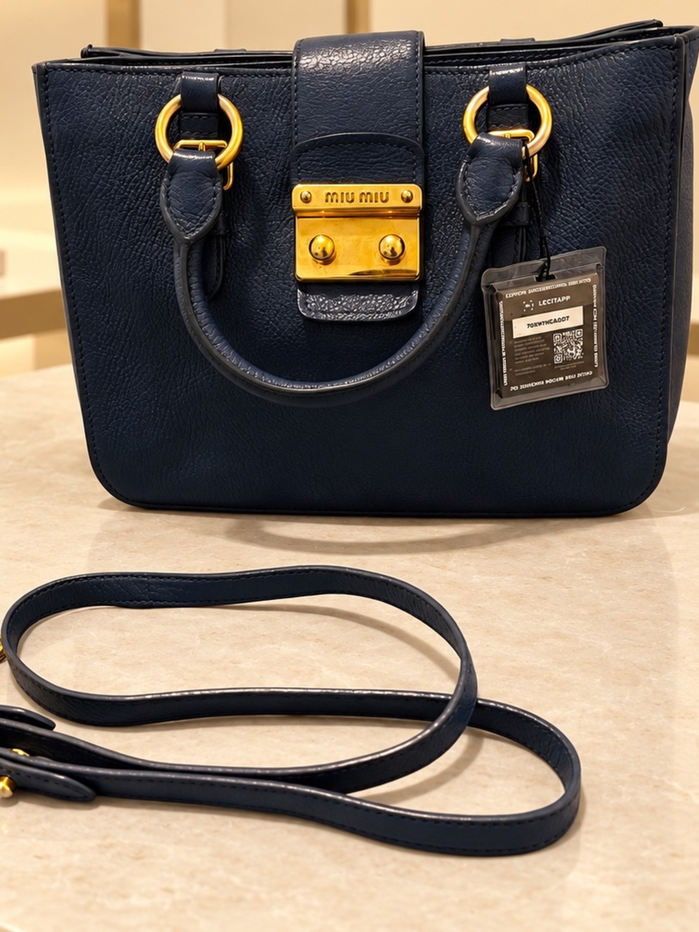 Miu Miu Madras Two-Way Tote Blue Pebbled Goatskin Gold Lock Convertible